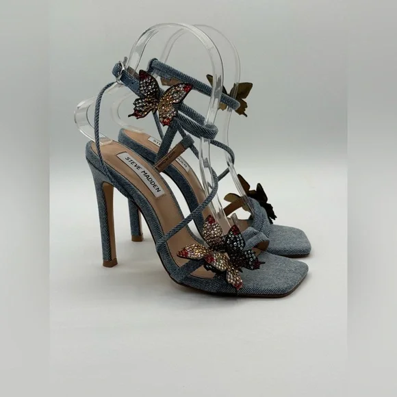 Steve Madden Uma/Uma Denim Butterfly Rhinestone Stiletto Heels Embellished Ankle - Picture 4 of 17